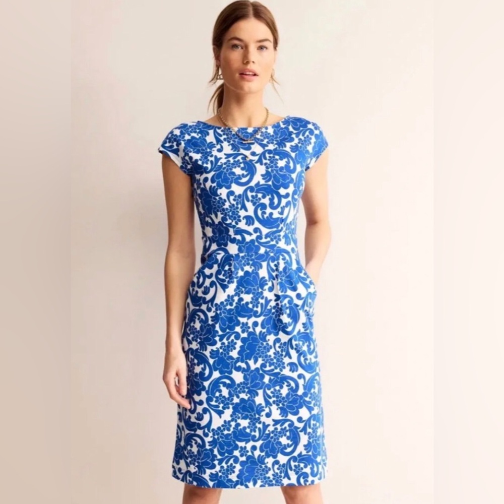 NWOT Boden Florrie Jersey Blue + White Floral Cap-Sleeve Sheath Dress 4P Pockets